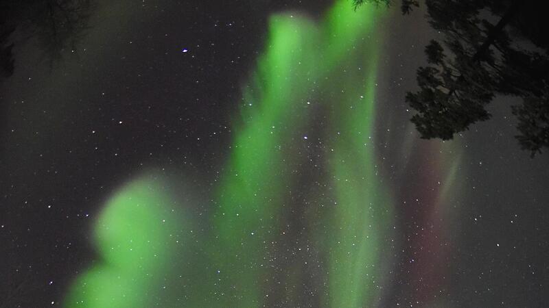 Wie eine Explosion am n&auml;chtlichen Firmament: Hier leuchtet das Polarlicht gr&uuml;n bis blau-violett.