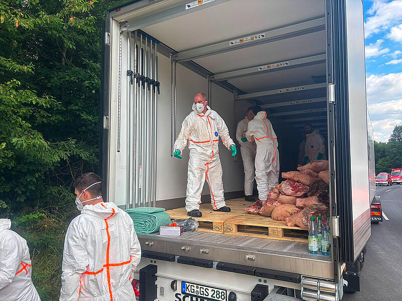 Bad Br&uuml;ckenau: Fleischlaster kippt in Graben - aufwendige Bergung