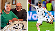 Oma Rosi und Opa Hans Elflein (links) aus Ebern (Landkreis Haßberge) verfolgen alle EM-Spiele ihres Enkels David Raum (rechts).