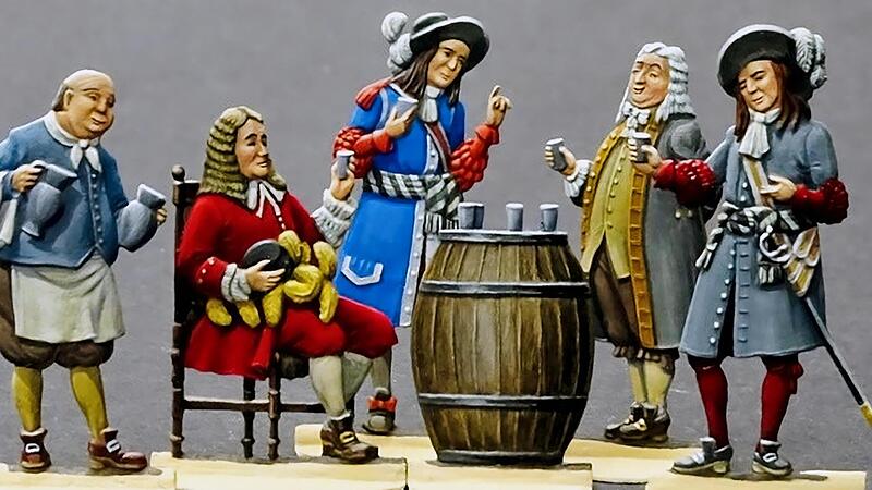 Weinprobe der Herren auf der Plassenburg: 1662 verkostet der damals 18-jährige Markgraf Christian Ernst (stehend, links hinter dem Weinfass) mit seinen Getreuen die besten Tropfen des Kellers.Deutsches Zinnfigurenmuseum Weinprobe der Herren auf der Plassenburg: 1662 verkostet der damals 18-jährige Markgraf Christian Ernst (stehend, links hinter dem Weinfass) mit seinen Getreuen die besten Tropfen des Kellers.Deutsches Zinnfigurenmuseum