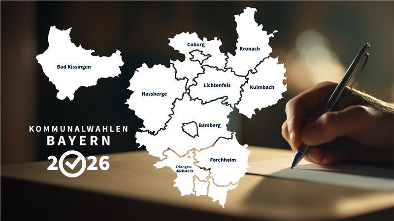 Bild-Montage aus den Umrissen der nordbayerischen Regionen mit dem Motiv einer schreibenden Hand