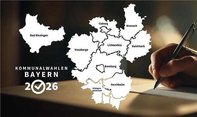 Kommunalwahlen Bayern 2026 Bild-Montage aus den Umrissen der nordbayerischen Regionen mit dem Motiv einer schreibenden Hand