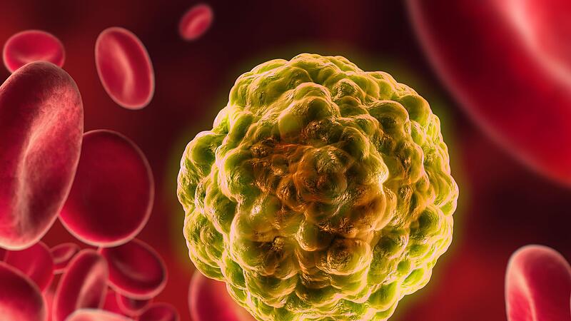 Eine Krebszelle mit Blutk&ouml;rperchen