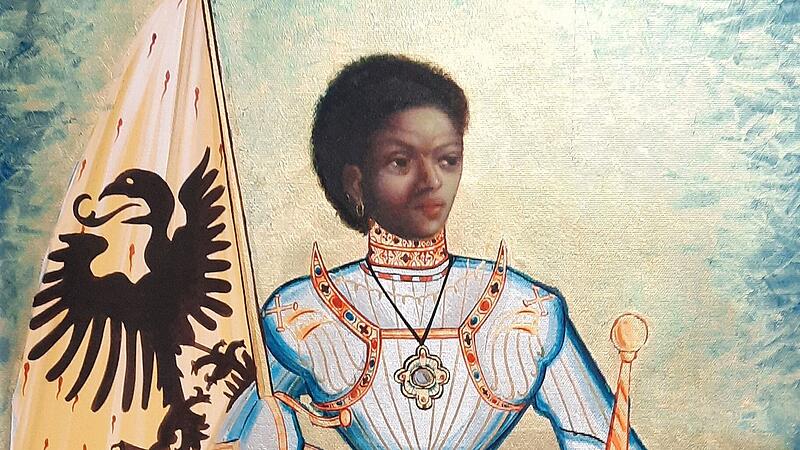 MauritiusdarstellungNarrensturm aufs Coburger Landratsamt 2023 Darstellung des Heiligen Mauritius als Coburger Patron, gemalt 2016 von der rumänischen Künstlerin Nelu Gradeanu. Es zeigt den Heiligen Mauritius als Schutzpatron des Heiligen Römischen Reiches mit Reichsbanner (schwarzer Adler auf goldenem Grund) in der rechten Hand. Links trägt er ein Schwert. Städtischen Sammlungen Coburg (SSC) Inv.-Nr.