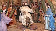 Palmsonntag: Einzug Jesu in Jerusalem auf einem Esel. Das Volk jubelt ihm zu.