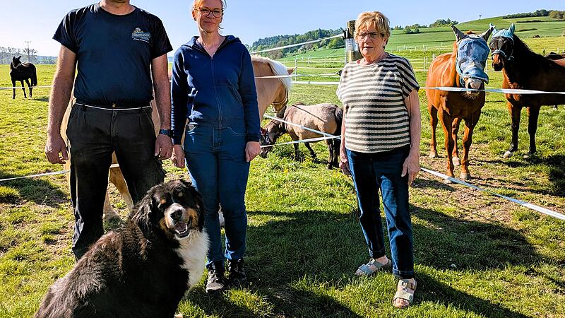 Pferdemakrt Mürsbach 2025 Hund Mailo (Vordergrund) wird auch gesegnet. Stefan, Anita und Eugenie Schmittlutz (von links) veranstalten den Pferdemarkt in Mürsbach.