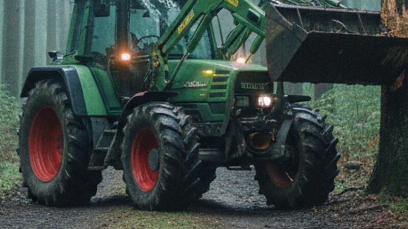 Hand unter Radlader eingeklemmt: Mann (53) muss in Spezialklinik Traktor, Traktorschaufel, Traktorunfall, Wald, Baum, Radlader