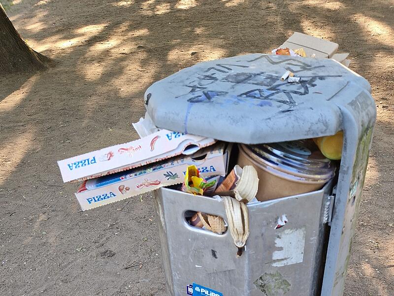 Ein typisches Bild vor allen Dingen in den warmen Monaten in Bamberg: ein &uuml;berf&uuml;llter M&uuml;lleimer im Erba-Park