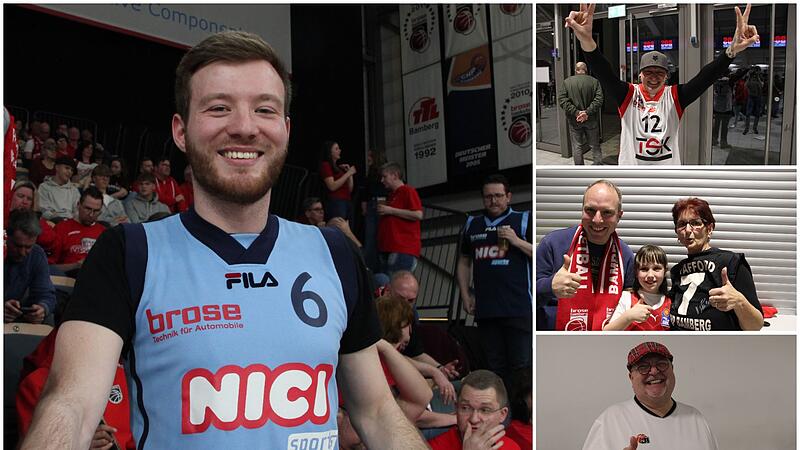 Die Baskets-Fans: Kay St&ouml;cker (gro&szlig;es Bild), Mattias Pflaum (Bild oben rechts), Michael Kropf, Leonie Kropf und Petra P&uuml;ls (Bild mitte rechts), Kalle Str&auml;tz (Bild unten rechts).