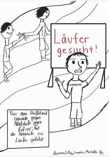 Bei dem Staffellauf Unterstufe gegen Mittelstufe gegen Lehrer fehlte der Mittelstufe ein Läufer.