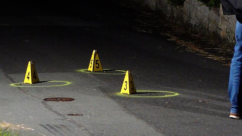 Der Tatort in Repperndorf am Mittwochabend. Am Boden liegen Patronenhülsen. Polizisten hatten einen 46-Jährigen mittels Schüssen gestoppt.