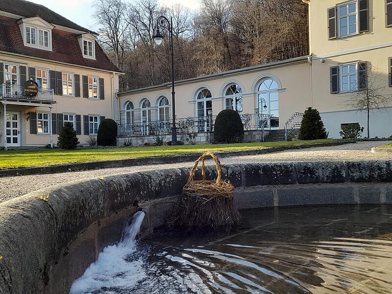 Die Springbrunnen im Schlosspark Bad Br&uuml;ckenau haben ihre Winterruhe hinter sich. Die Leserin schreibt: &bdquo;Damit die Triebe des Schilfs nicht zu sehr ins Becken wachsen k&ouml;nnen, haben die Kurg&auml;rtner aus Weidenzweigen ein Halte-Ger&uuml;st geflochten und es auf der zur&uuml;ckgeschnittenen Wasserpflanze befestigt.&ldquo;