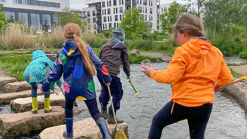 Mit Kescher und Lupe den Lebensraum Wasser erkunden Kinder in einem Ferienkurs von Stadtjugendamt und Umweltstation Lias-Grube.
