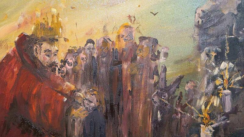 Das Gem&auml;lde zeigt den heilige Blasius von Ulrike Polifke mit &Ouml;l auf Leinwand gemalt.