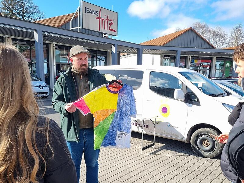 Felix Papsch vom Naturerlebniszentrum Rh&ouml;n zeigt, wer wieviel an einem T-Shirt verdient.