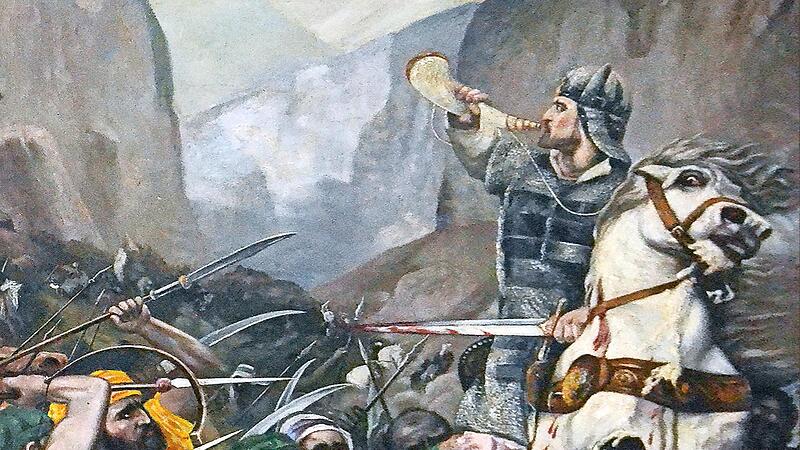 Er pfeift auf dem letzten Loch: In aussichtsloser Umzingelung setzt Roland das Olifant an seine Lippen, um Kaiser Karl den Gro&szlig;en mit einem weitreichenden Signal auf seine Not aufmerksam zu machen.