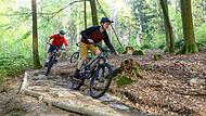 Eine Gruppe  Mountainbiker baut an den Bierstadt-Trails in den W&auml;ldern rund um Kulmbach. Die Radler d&uuml;rfen sich auf Strecken  mit verschiedenen Schwierigkeitsgraden freuen.