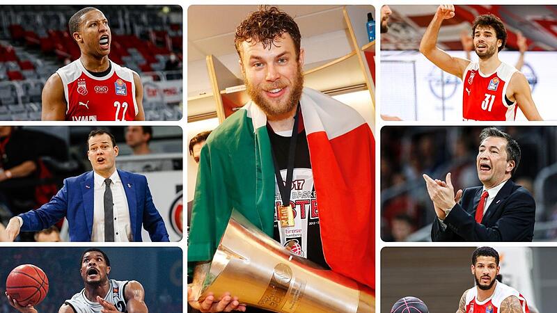 Ehemalige Bamberger Spieler und Trainer, die jetzt in Italien aktiv sind. Links von oben: Devon Hall, Johan Roijakkers und Kyle Hines. In der Mitte: Nicolo Melli. Rechts von oben: Michele Vitali, Luca Banchi und Tyler Larson.