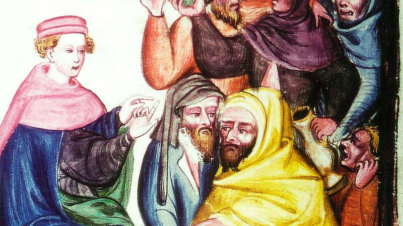 Hugo belehrt die Bauern: Illustration aus der Renner-Handschrift der Universit&auml;tsbibliothek Leiden.