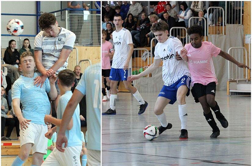 Die JFG Steigerwald II (links, in hellblau) hat sich bei der U19-Bezirksendrunde gegen namhafte Konkurrenz behauptet, w&auml;hrend sich etwa der SV Ketschendorf (rechts, in wei&szlig;) bereits nach der Vorrunde die Heimreise antreten musste.