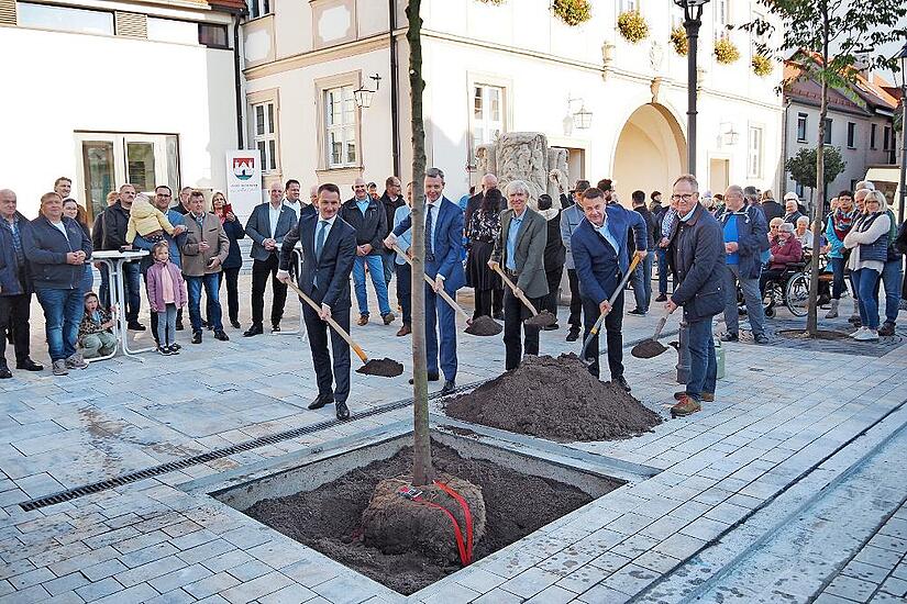 Baumpflanzung mit 1. Bürgermeister Johannes Maciejonczyk, Bundestagsabgeordneten MdB Thomas Silberhorn, Regierungsvizepräsident Thomas Engel, 2. Bgm. Peter Pfohlmann und 3. Bgm. Peter Ludwig .Im Hintergrund segnet Pfarrer Bernhard Friedmann den Br...
