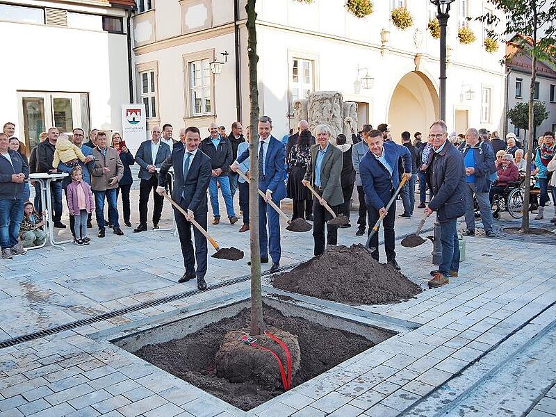 Baumpflanzung mit 1. Bürgermeister Johannes Maciejonczyk, Bundestagsabgeordneten MdB Thomas Silberhorn, Regierungsvizepräsident Thomas Engel, 2. Bgm. Peter Pfohlmann und 3. Bgm. Peter Ludwig .Im Hintergrund segnet Pfarrer Bernhard Friedmann den Br...