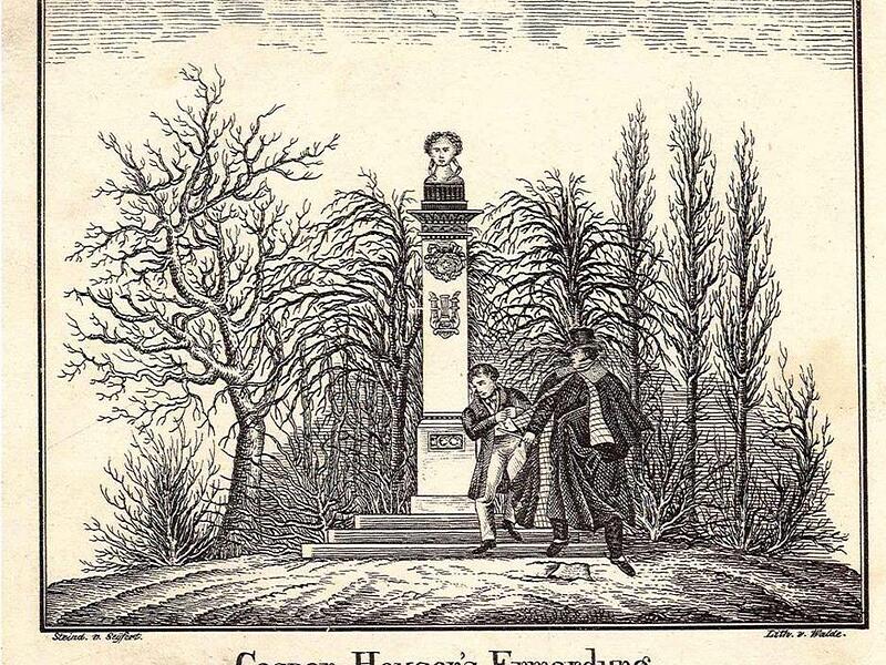 Im Ansbacher Hofgarten soll Kaspar Hauser von einem b&auml;rtigen Mann im Mantel ermordet worden sein. Oder war es doch Selbstmord?