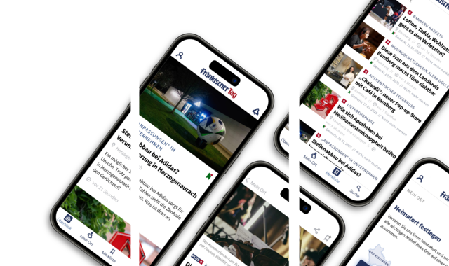 Fotomontage aus mehreren Smartphones, die alle eine der typischen Ansichten der App zeigen.