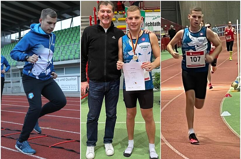 Maxi Ley beim Training (l.), mit Para-Landestrainer Carlos &Aacute;vila de Borba (M.) nach seinem Goldmedaillengewinn sowie w&auml;hrend des Rennens in Erfurt