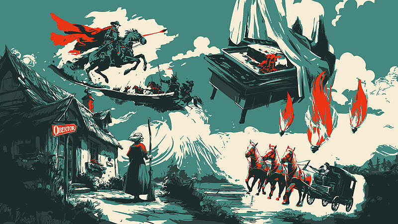 Der hl. St. Georg rettet die Stadt, eine Hexe wohnt am Obertor, ein riesiger Kuchen ist Grund f&uuml;r einen Verein und drei Flammen verfolgen Gespanne.