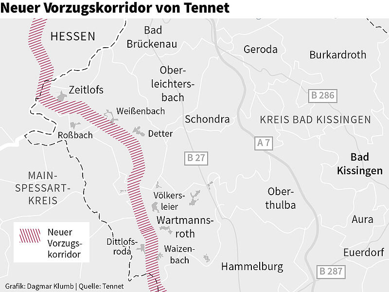 Vorzugskorridor Tennet Der neue P43-Vorzugskorridor verläuft über Zeitlofser und Wartmannsrother Gemeindegebiet. Die Darstellung der Korridorbreite ist nicht maßstabsgetreu.