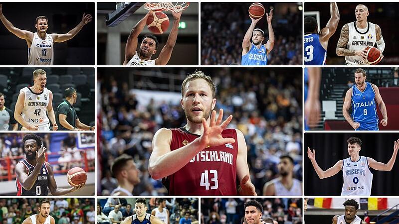 13 Aktuelle oder ehemalige Bamberger Akteure, die an der EM teilnehmen werden. Von oben links im Uhrzeigersinn: Jaromir Bohacik, Johannes Thiemann, Aleksej Nikolic, Daniel Theis, Nicolo Melli, Henri Drell, Retin Obasohan, Maodo Lo, Kristian Kullam...