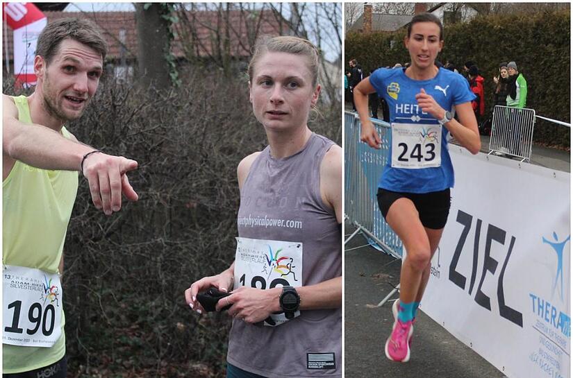 Was hat Michael Kolb hier wohl  Julia Skala gezeigt? (linkes Bild). Die beiden Sieger des Hauptlaufs reisten eigens aus Spanien an, um teilzunehmen.  Platz 2 bei den Frauen belegte Sophia Franz vom TSV 1860 Staffelstein.