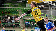 Der HSC Coburg um Jesper Schmidt (hier gegen den Bergischen HC) setzte sich in der 1. Pokalrunde in Gelnhausen durch.