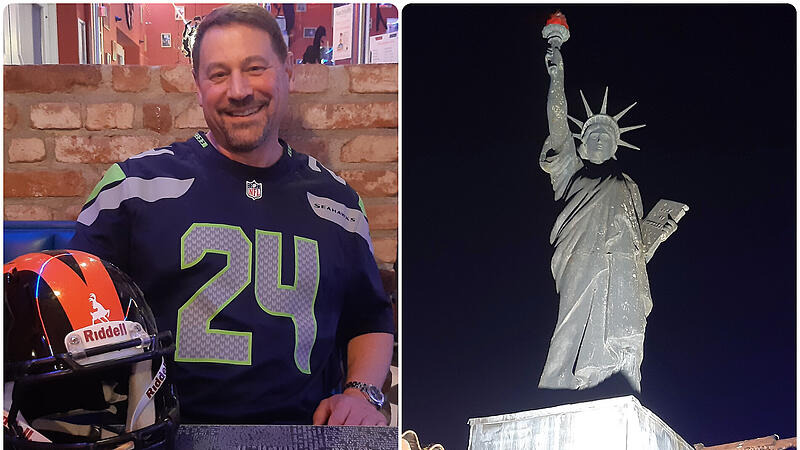 Steve Dykes freut sich &uuml;ber den Sieg seiner Seattle Seahawks, rechts die Freiheitsstatue auf dem Dach des &bdquo;American History Diner&ldquo; in Zeil.