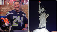 Steve Dykes freut sich &uuml;ber den Sieg seiner Seattle Seahawks, rechts die Freiheitsstatue auf dem Dach des &bdquo;American History Diner&ldquo; in Zeil.