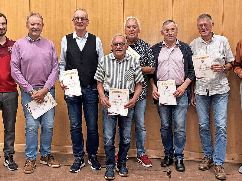 Ehrungen beim TSV (von links): Wolfgang Mauder, Simon Schottdorf, Georg Schie&szlig;er, Albrecht Kiesner, A. Schmitt, Karl-Heinz Schmitt, A. Bl&uuml;mm, Wolfgang Halbig, Konrad H&uuml;ttl, Matthias H&uuml;ttl