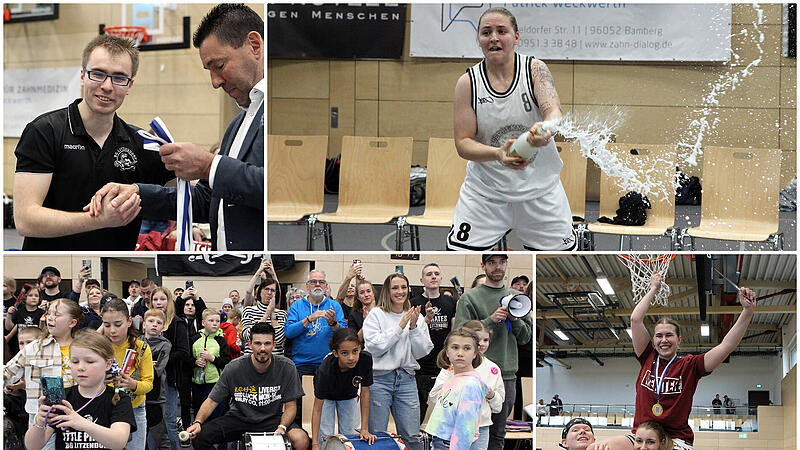 Die Litzendorfer Basketballerinnen um Trainer Florian Hager (oben links) lie&szlig;en es mit ihren Fans ordentlich krachen.