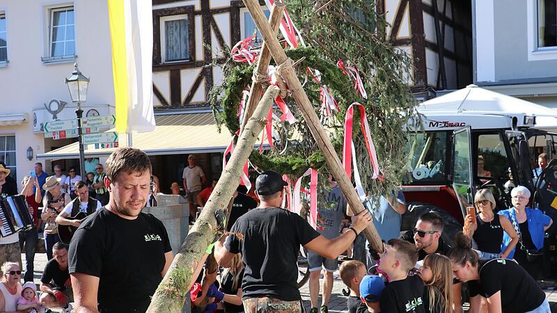 Die Kinder stemmen mit vereinten Kr&auml;ften ihren eigenen Kerwa-Baum vor dem Festzelt in die Senkrechte.Forchheim & Fr&auml;nkische Schweiz