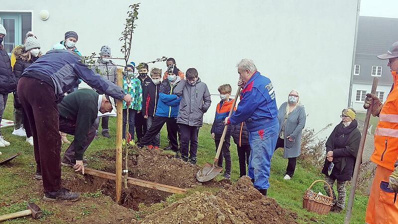 An der Grund- und Mittelschule Windheim wurden fünf Obstbäume gepflanzt. Zu den stolzen neuen Baumpaten zählen auch die Schüler und Schülerinnen der fünften Jahrgangsstufe.