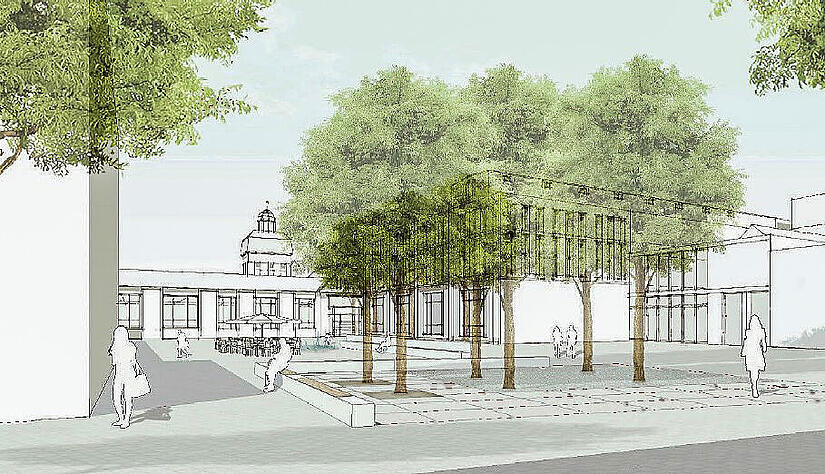 Zwischen Kesselhaus und Batteurgeb&auml;ude soll der &bdquo;Platz der Demokratie&ldquo; mit verschiedenen Nutzungsm&ouml;glichkeiten entstehen.