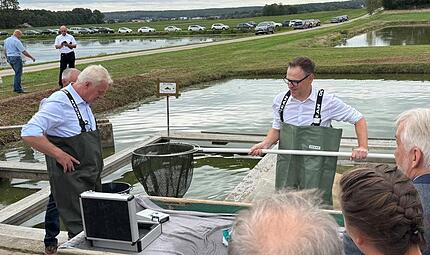 Bundeslandwirtschaftsminister Alois Rainer (l.) und Landrat Christian von Dobsch&uuml;tz (Neustadt/Aisch-Bad Windsheim) ziehen die ersten Karpfen der Saison aus dem Hallweiher bei Oberlindach.