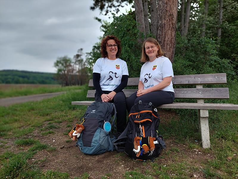Anita Schäfer, Heidi Deuß Strullendorf Auf dieser Parkbank in der Nähe der Strullendorfer Wasserwacht haben sich Anita Schäfer (rechts) und Heidi Deuß dazu entschlossen, am Mammutmarsch in Berlin teilzunehmen.