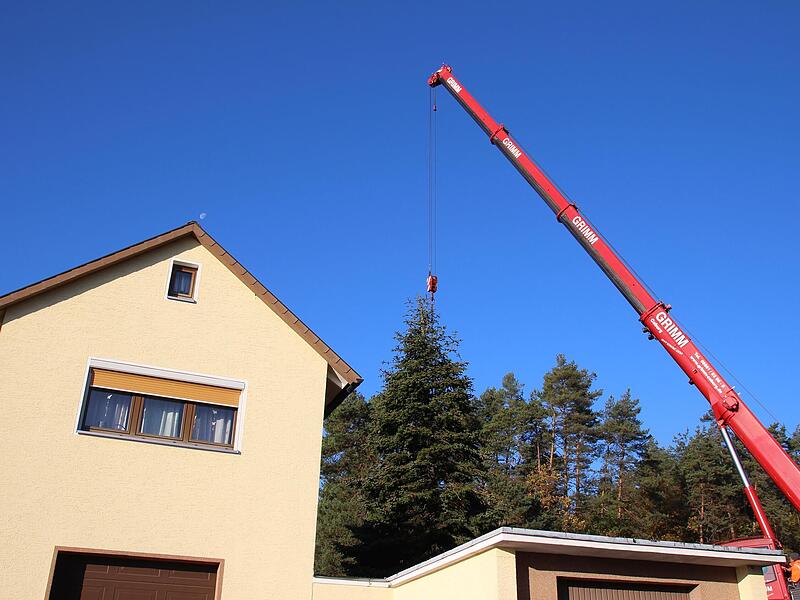 Hier hängt die 16 Meter hohe Tanne bereits am Haken – doch zum Transport nach Coburg kam es nicht. Hier hängt die 16 Meter hohe Tanne bereits am Haken – doch zum Transport nach Coburg kam es nicht.