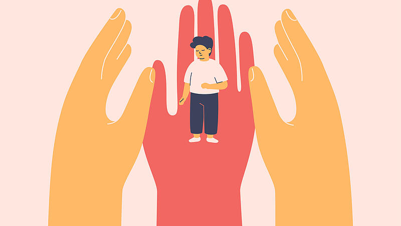 Three human hands surrounded small boy with kindness.  Adults taking care about kids. Social protect, upbringing orphans