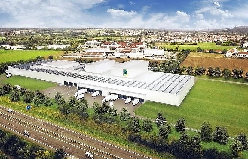 Plan des neuen Edeka-Produktions- und Logistikzentrums in Hirschaid. Es soll im Hirschaider Industriegebiet entstehen, zwischen den bereits bestehenden Möbelhäusern und der A 73.