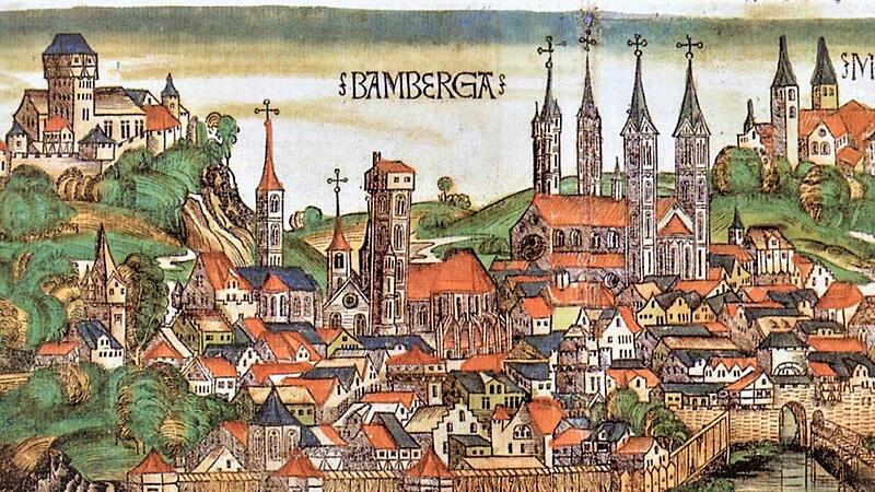 Bamberg im Mittelalter aus Hartmann Schedels „Weltchronik“ (Nürnberg 1493, vermutlich von Wolfgang Katzheimer d. Ä.) Bamberg im Mittelalter aus Hartmann Schedels „Weltchronik“ (Nürnberg 1493, vermutlich von Wolfgang Katzheimer d. Ä.)