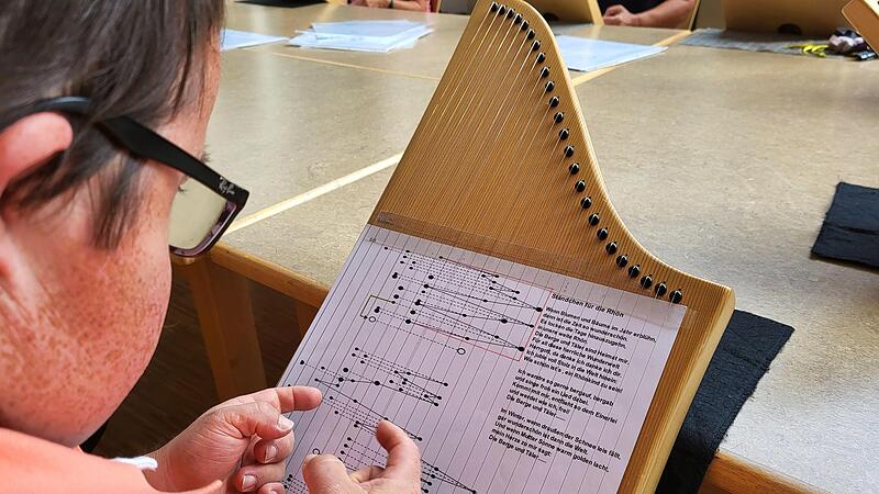 Statt Noten leiten Punkte und Striche bei der Veeh-Harfe durch ein Musikstück. Die Punkte zeigen an, welche Saite gezupft werden muss. Statt Noten leiten Punkte und Striche bei der Veeh-Harfe durch ein Musikstück. Die Punkte zeigen an, welche Saite gezupft werden muss.