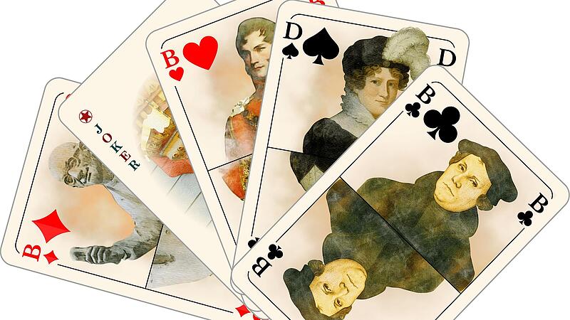 Gurken-Alex, K&ouml;nig Leopold, Herzogin Auguste Sophie und Martin Luther im Kartenspiel.
