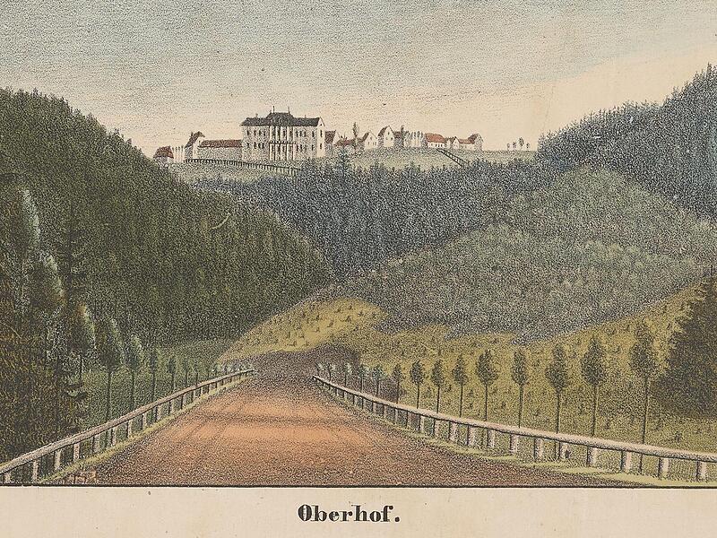 Ansicht von Oberhof mit dem neuen Jagdschloss des Herzogs, im Vordergrund die Chaussee Coburg–Gotha, um 1835. Ansicht von Oberhof mit dem neuen Jagdschloss des Herzogs, im Vordergrund die Chaussee Coburg–Gotha, um 1835.